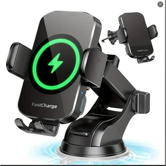 15W Wireless Car Charger, Fast Charging Phone Car Mount Auto-Clamping Windshield Dashboard Air Vent Car Phone Holder for iPhone Samsung, All Smartphones