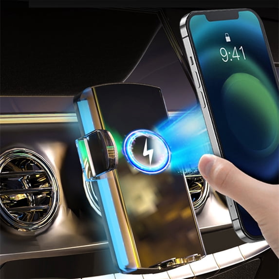 15W Wireless Car Charger Mount with LED Ambient Light, Auto-Sensing Clamp and 360掳 Rotation, Qi Fast Charging Phone Holder Compatible with Magnetic Cases for Navigation and Safe Driving