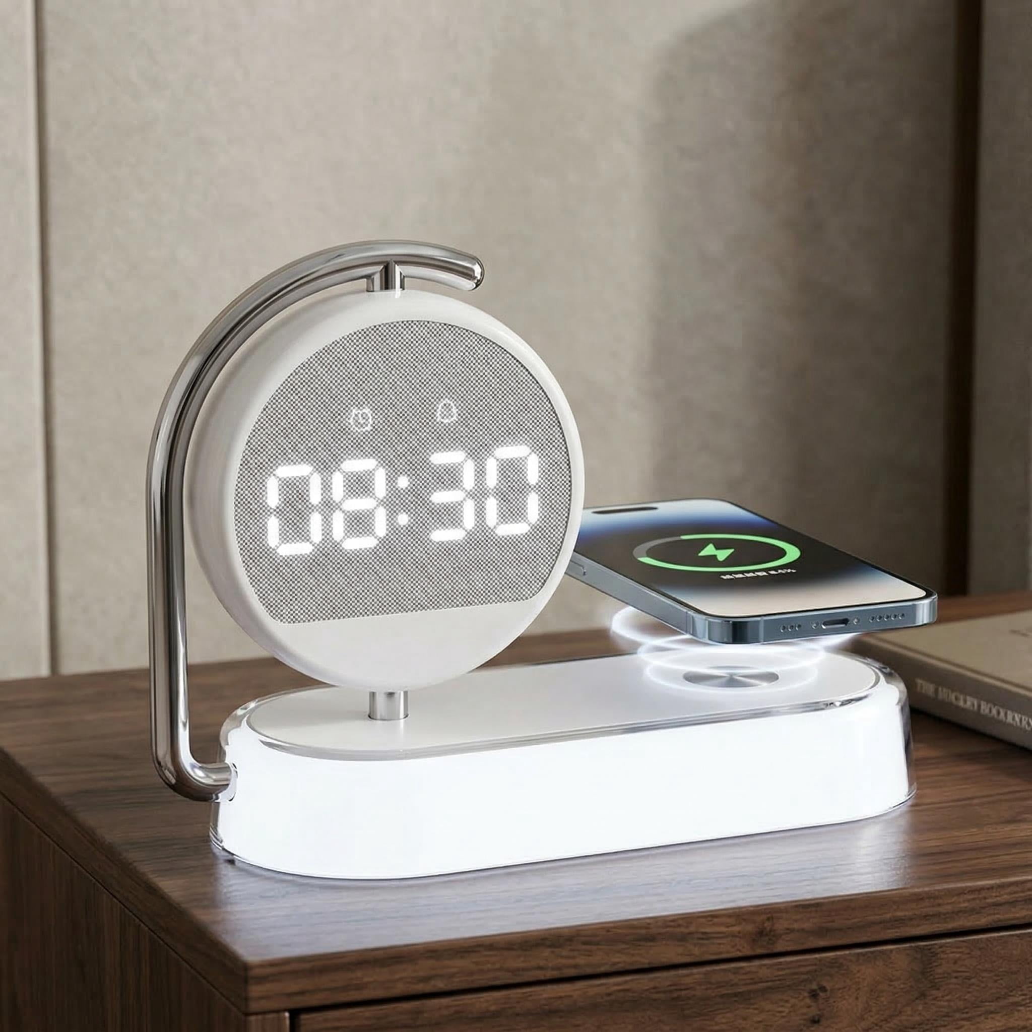 15W Wireless Charger Alarm Clock – Multifunctional night light with 360° rotatable display, 3500K eye-care warm light, touch control, alarm. Includes Type-C cable, safe for bedside desk charging