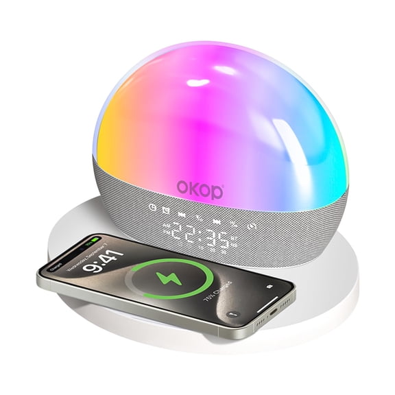 15W Wireless Charger Bluetooth Speaker, 5W Ambient Light Digital Alarm Clock with White Noise, BT 5.4 for Bedside Home Office - Gray