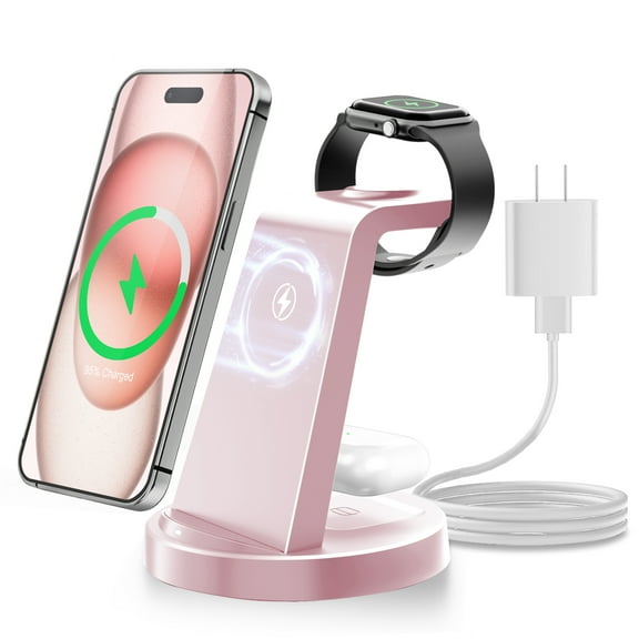 15W Wireless Charger for iPhone, 3 in 1 Charging Station Compatible with iPhone 17 16 15 14 13 12, Compatible with iWatch, Compatible with Airpods, Pink(with adapter)
