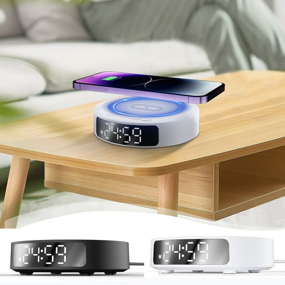 15W Wireless Charging Alarm Clock - Multi-Functional Charger Station with Magnetic Positioning, Fast Charging for Android, ABS White, 4.72x1.3in