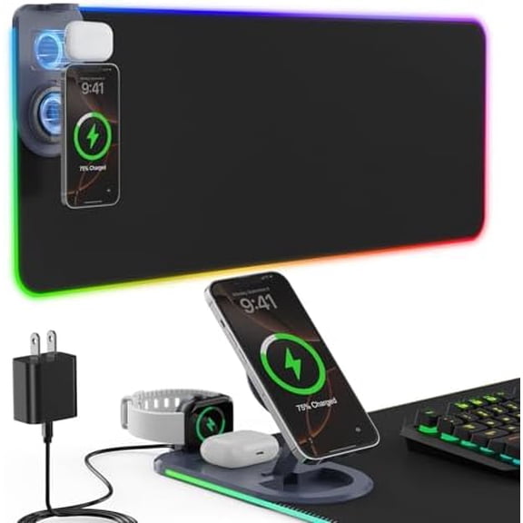 15W Wireless Charging Mouse Pad with Phone Holder&20W Power Adapter, RGB Gaming Mouse Pad, 15 Lights Mode 31.5"x11.8" XXL Large Desk Pad,Ultra-Smooth Surface,Non-Slip Rubber Base$$Office