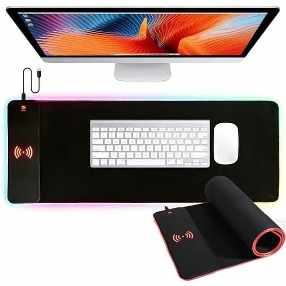 15W Wireless Charging RGB Gaming Mouse Pad, XXL Large Desk Mat (31.5" x 11.8" x 0.16") with 13 Light Modes, Compatible with iPhone 17/16/15/14/13/12/11, Samsung S23, and AirPods$$Office