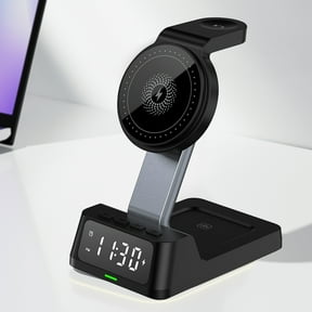 15W Wireless Charging Station with Digital Alarm Clock, 4-in-1 Charger Stand for iOS & Android, Smartwatch & Headphone Charger, Fast Charging, Vertical & Horizontal Charging, USB-C Input, Black