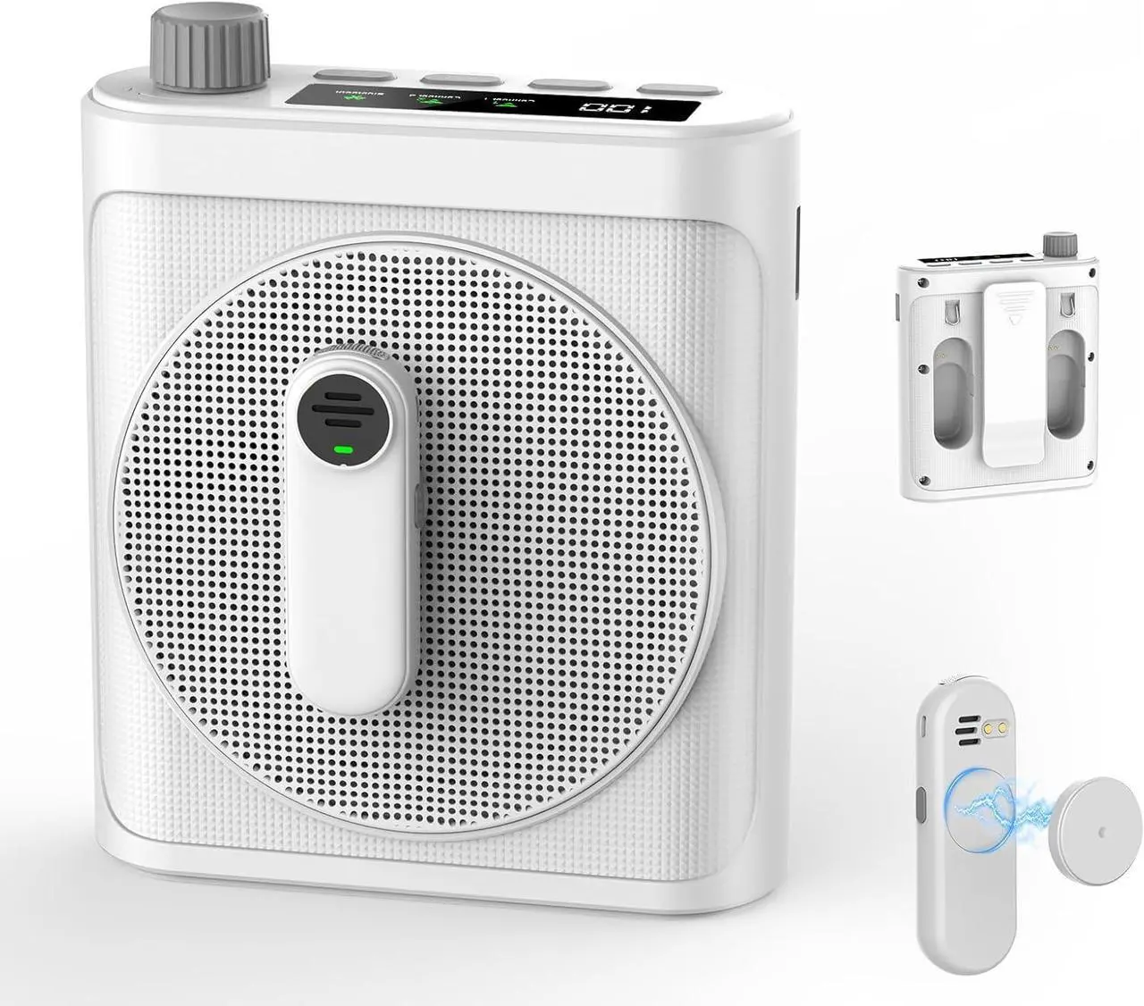 15W Wireless Voice Amplifier with 2 Magnetic Lavalier Mics & Noise Reduction - Bluetooth 5.3 PA System for Teachers, Tour Guide, Yoga - 15H Rechargeable Battery, Waist-Mount Design (White) Black