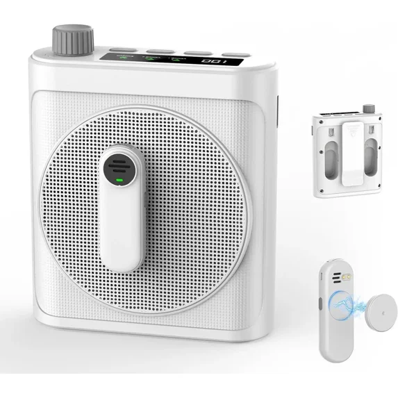 15W Wireless Voice Amplifier with 2 Magnetic Lavalier Mics & Noise Reduction - Bluetooth 5.3 PA System for Teachers, Tour Guide, Yoga - 15H Rechargeable Battery, Waist-Mount Design (White) Black