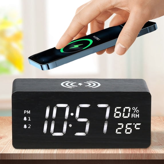 15W Wooden Wireless Charger Clock Temperature Humidity Display LED Night Light Smart Alarm Fast Charging Bedroom Office Decor