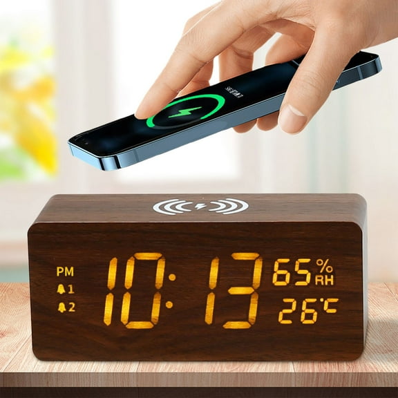 15W Wooden Wireless Charging Clock | LED Luminous Digital Alarm | Temperature Humidity Display | Fast Wireless Phone Charger | Silent Operation | Night Light | 146x62x68mm | USB Powered
