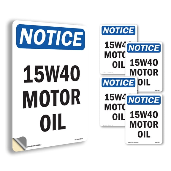 15W40 Motor Oil OSHA Notice Vinyl Decal Label 5 Inch x 3.5 Inch - 5 Pack
