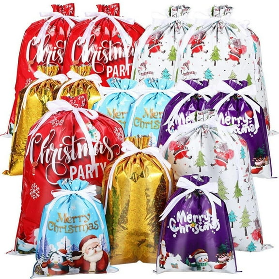 15X Large Christmas Sacks Reusable Foil Drawstring Wrap Present Gifts Party Bags