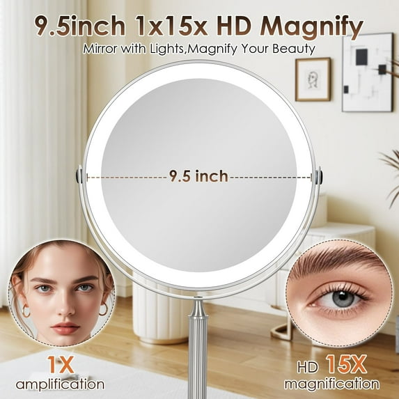 15X Magnifying Mirror with Light, 9.5 Large 5000mAh Rechargeable Double Sided HD Lighted Makeup Mirror with 3 Touch Dimmable Light, 360° Swivel Detachable for Travel Vanity Mirror Nickel, Gifts