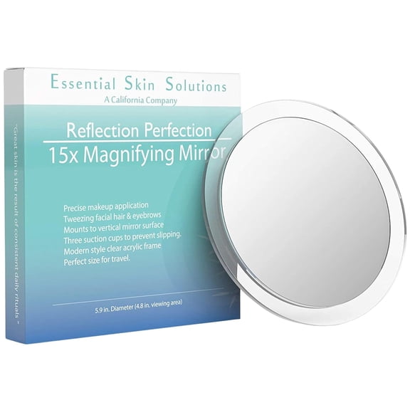 15X Magnifying Mirror Use for Makeup Application - Tweezing and Blackhead/Blemish Removal 6 Inch Round Mirror with Three Suction Cups for Easy Mounting - Great for Travel