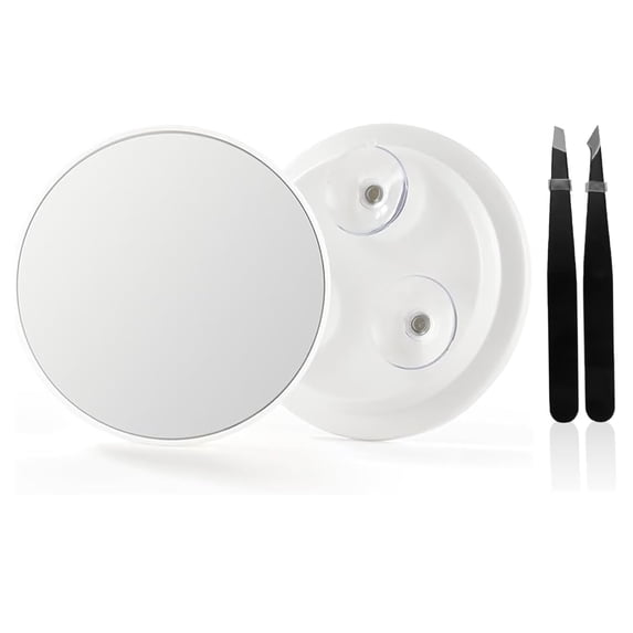 15X Vanity Desk Magnifying Mirror, Small Magnifying Mirror with Suction Cup and Tweezers, As a Travel Mganifying Mirror or Makeup Vanity Desk, Compact Mirror Set for Plucking Eyebrows 3.5 Inches