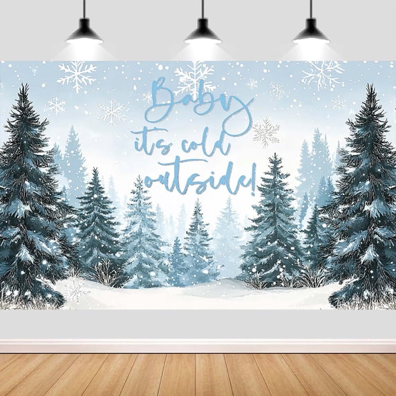 15X10ft Winter Forest Baby Shower Backdrop, Baby It's Cold Outside Party Decorations Pine Tree Snowflakes Backdrop, Winter Photography Background Newborn Photo Booth Props Banner