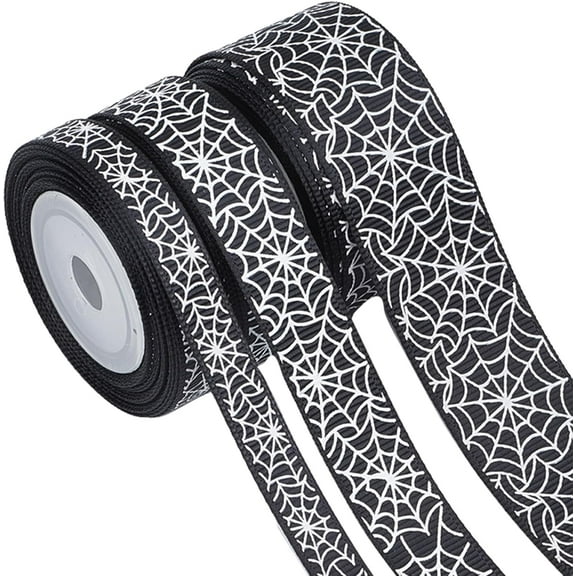 15Yards Wired Edge Ribbon 9/16/25mm Wide Spider Web Lace Ribbon Black Printed Polyester Grosgrain Striped Ribbons for Wreath Costume Decoration DIY Crafting Home Decor Black