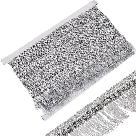 15Yds Silver Fringe Tassel Trim Metallic Lace Trim Ribbon with Tassel 1-1/4 inch(32mm) Wide Glitter Edging Trimming for DIY Sewing Crafts Clothing Curtain Tablecloth Skirt
