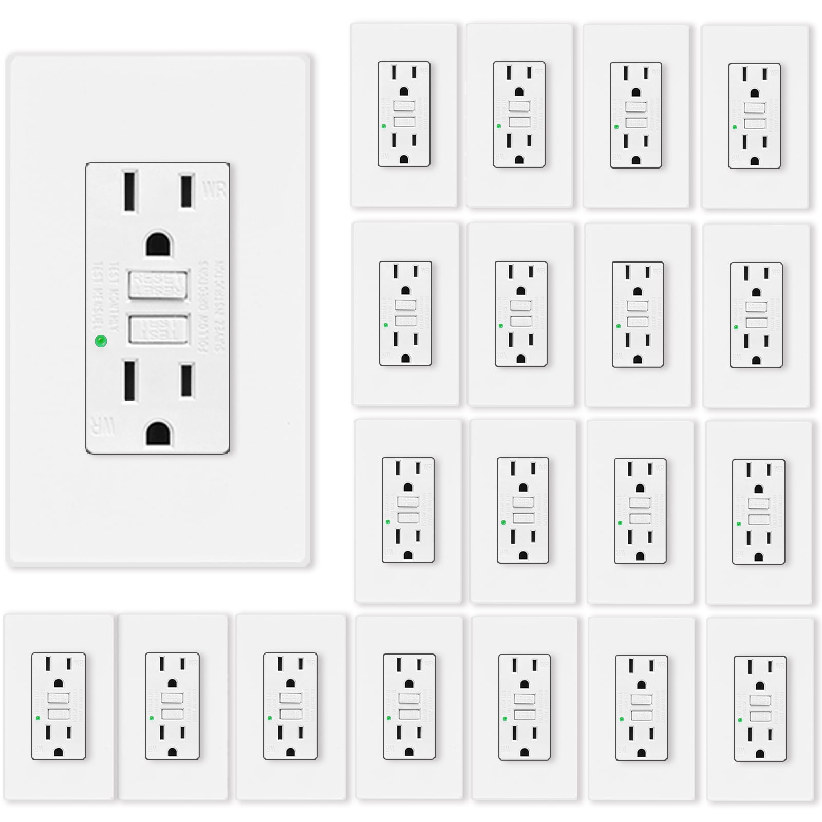 15amp GFCI Outlets, Non-Tamper-Resistant GFI Duplex Receptacles with LED Indicator, Ground Fault Circuit Interrupter with Wall Plate, ETL Listed, White, 20 Pack