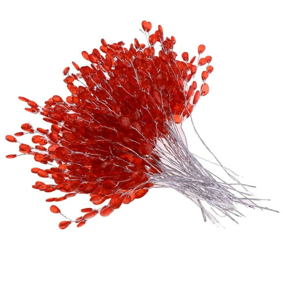 15cm 50pcs Artificial With Crystal Acrylic Beads Water Drop Flower Picks Flower Branches Home Wedding Decor Red