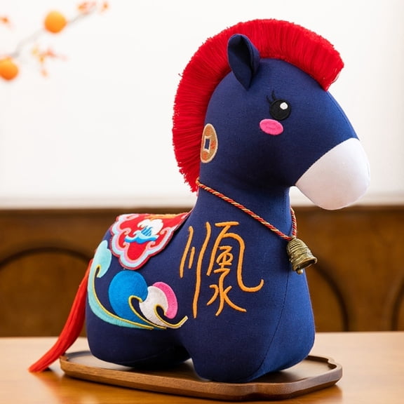 15cm Fabric Horse Plush Toy with Traditional Chinese National Patterns – Handmade Soft Stuffed Animal for Kids, Adults & Home Decoration Blue