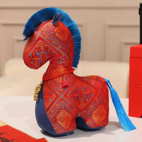 15cm Fabric Horse Plush Toy with Traditional Chinese Patterns – Soft Stuffed Animal Doll for Kids, Adults & Home Decoration Red