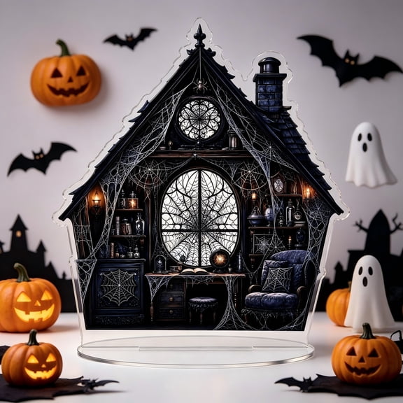 15cm Halloween Acrylic Stand Up Figurine, Gothic Witch House Spooky Mansion Double Sided Print Desk Decor, Cute Ghost Potion Shop Tabletop Display Ornament with Clear Base