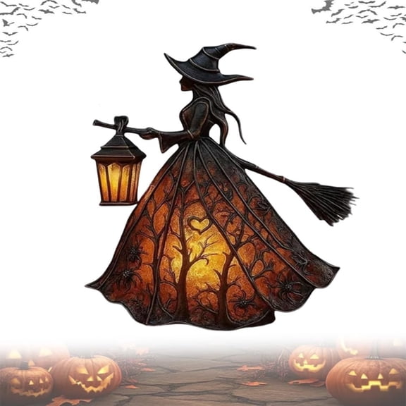 15cm Halloween Witch Lantern Tabletop Decor, Resin Witch Holding Lighted Lantern Statue with Tree Spider Pattern, Spooky Witch Lamp for Fireplace Mantel Haunted House Fall Harvest Decor