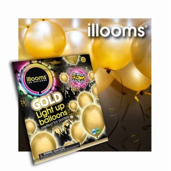 15ct Gold LED Light Up Balloons - illooms: Latex, St. Patrick's Day, LR41 Batteries Included, 8+ Years, Party Decor
