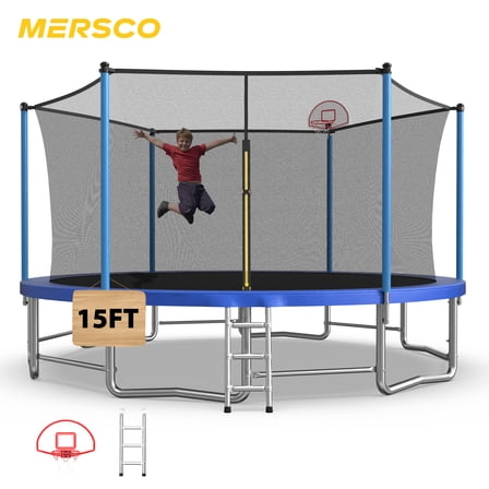 Mersco 15ft Trampoline for Kids Adults,Outdoor Upright-Poled Trampoline with Enclosure,Basketball Hoop and Ladder,Jumping Trampoline for Boys and Girls Birthday Gift ,Blue