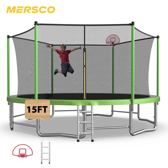 Mersco 15ft Trampoline for Kids and Adults,Outdoor Trampoline with Enclosure,Basketball Hoop and Ladder,Upright-Poled Backyard Trampoline,Jumping Trampoline PLAY for Boys and Girl Birthday Gift,Green