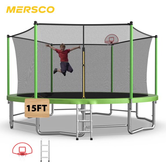 Mersco 15ft Trampoline for Kids and Adults,Outdoor Trampoline with Enclosure,Basketball Hoop and Ladder,Upright-Poled Backyard Trampoline,Jumping Trampoline PLAY for Boys and Girl Birthday Gift,Green