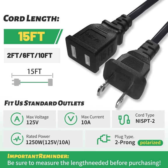 [] 15ft Black Extension Cord 125V 10A 1250W Slim Design, 2-Prong Polarized Plug for Humidifier, Holiday Lights, Lamps, Security Cameras, ppliance Indoor Outdoor Use (1 Pack)