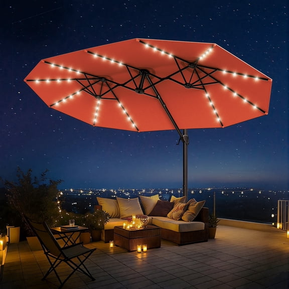 15FT Cantilever Patio Umbrella with LED Lights, 360°Rotation Large Double Sided Rectangular Outdoor Umbrella for Garden, Backyard, Pool, Deck, Orange(with Base)