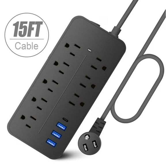 15ft Cord 4 USB Ports (1 USB C) Surge Protector Power Strip, Extension Cord for Home Office, ETL Listed, Black
