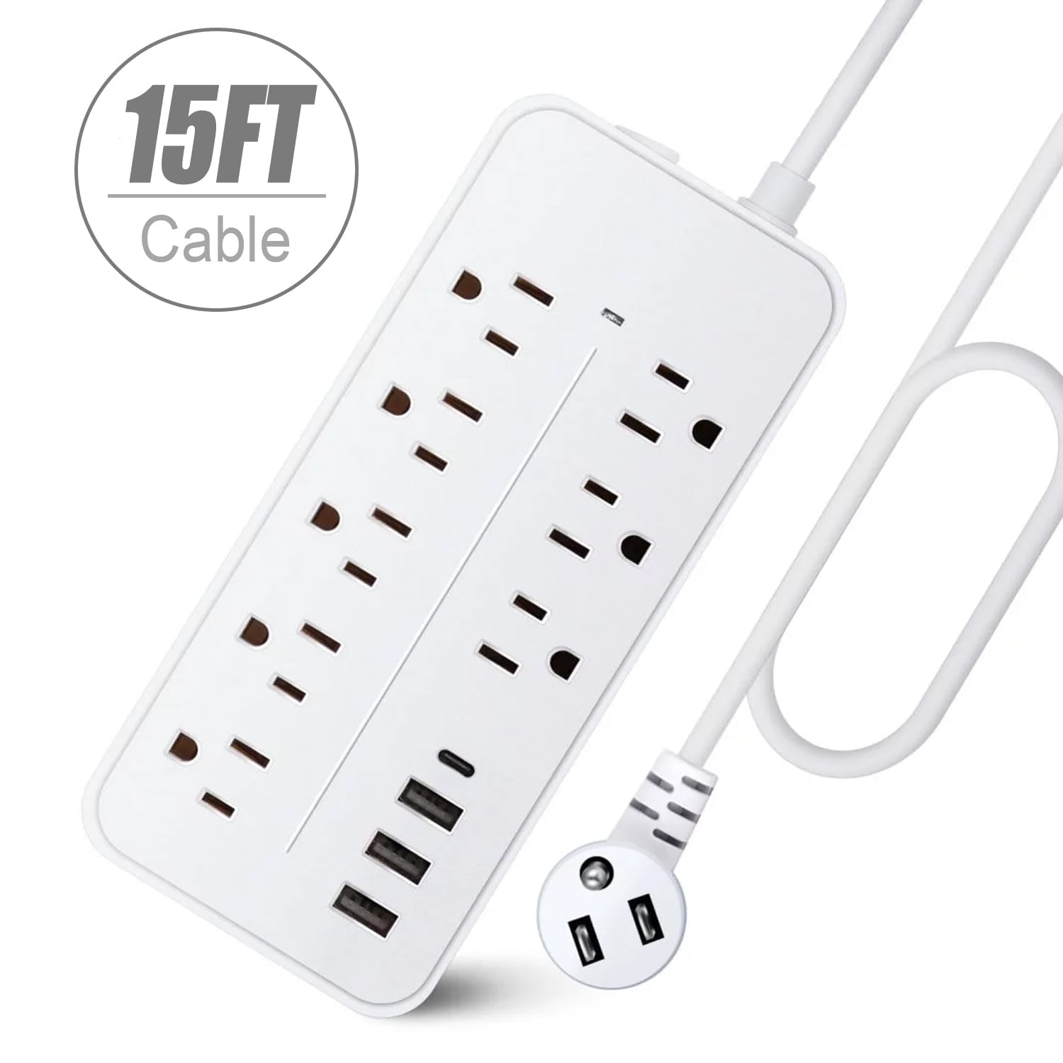 15FT Surge Protector Power Strip Extension Cord with USB C, Flat Plug Power Strip with Long Cord, 8 Outlets and 3 USB A & 1 USB-C Port,1700J Wall Mount Desk Multiple Outlets White