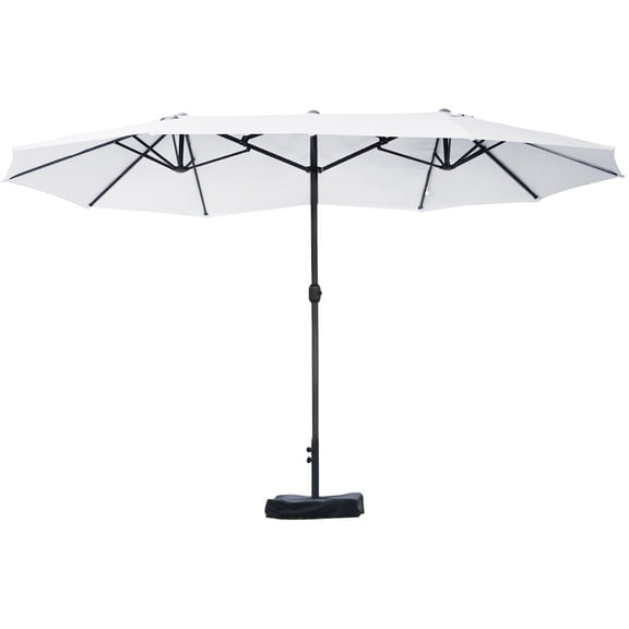 15ft Double Sided Patio Umbrella with Base, Rectangular Outdoor Market Umbrella with Easy Crank, Beige Sun Shade for Pool Deck Garden Backyard