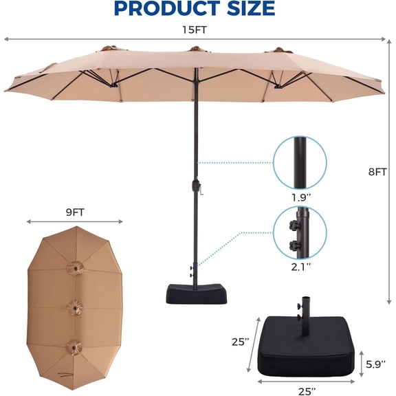 15ft Double-Sided  Umbrella, Extra Large Outdoor Market Umbrella with Cross Base, 12 Sturdy Ribs Triple Head Twin Canopy Umbrella with Crank for Garden, Backyard, Poolside