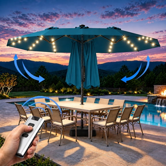 15ft Smart Electric Patio Umbrella, Large Double Sided Rectangular Outdoor Patio Umbrella with Light and Base, Clearance