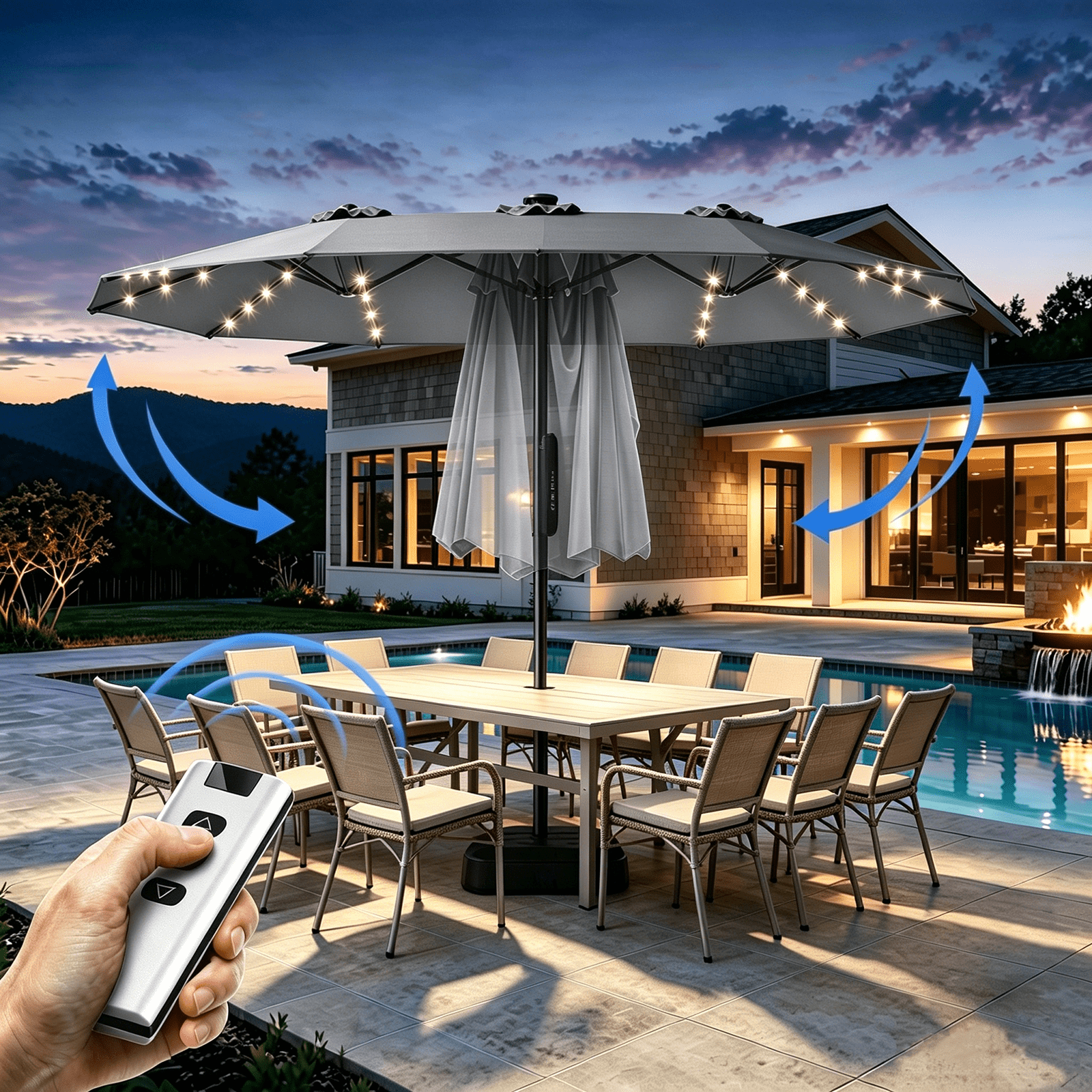 15 ft lighted patio umbrella Large with 36 Solar LED Light, Double Sided Rectangle Umbrella with Crank Handle for Patio, Backyard, Garden, Pool, without Base Patio umbrella provides expansive 15ft shade Toject 15ft Large Patio Umbrella