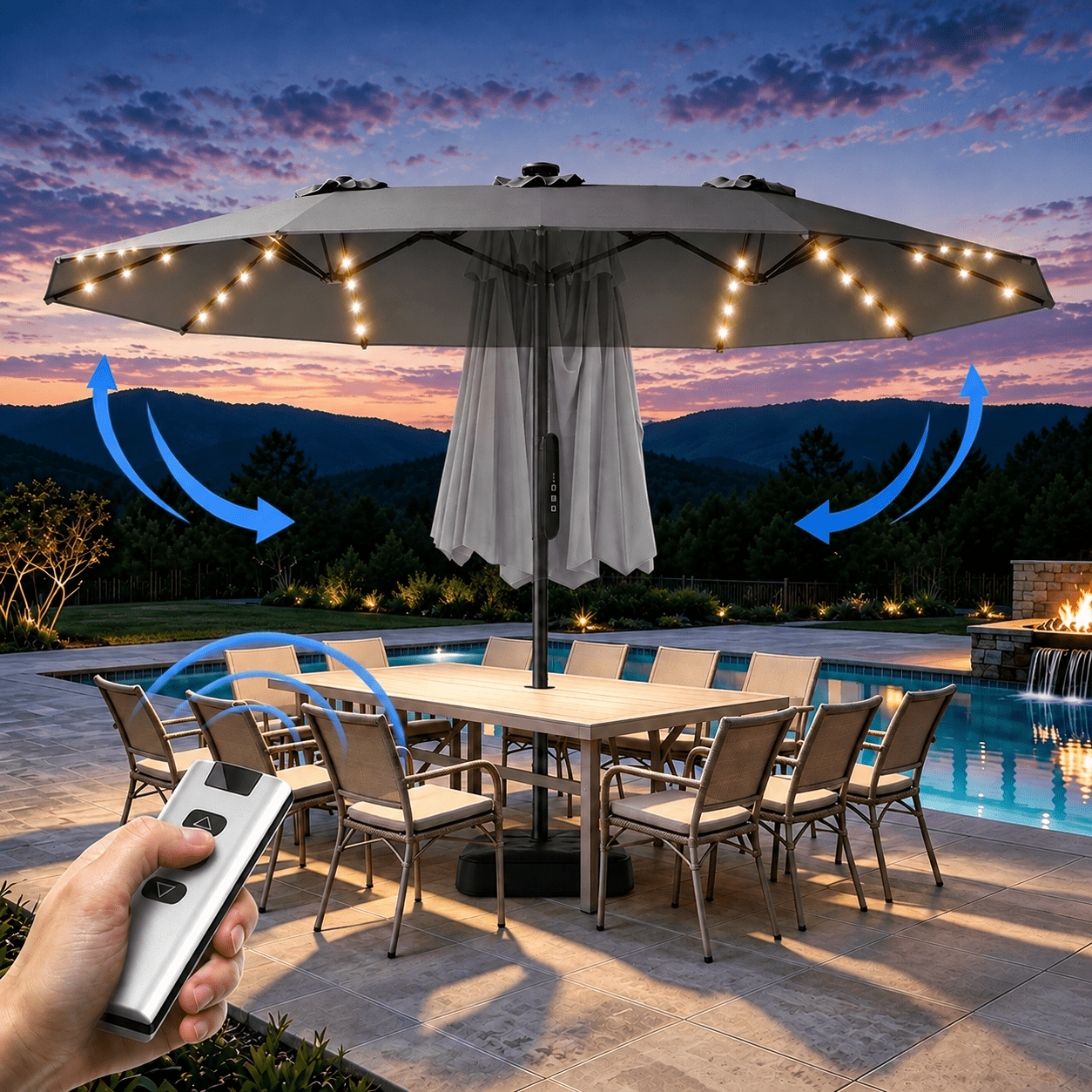 gray rectangular patio table with umbrella Nice C 4 Piece Furniture Set Umbrella, Outdoor Dining Set (Grey) 10 Feet 360° Rotation Deck Box Option::24x16x14 With Tray With 80% of components Table Market Umbrella