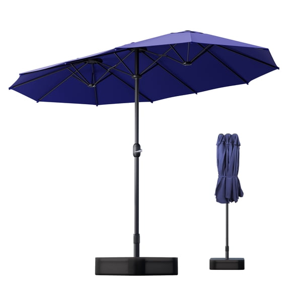 15ft Large Patio Umbrella with Base, Outdoor Double-Sided Rectangle Market Table Umbrella with Push Button Tilt and Crank Handle, Outside Umbrellas with Steel Ribs, Blue