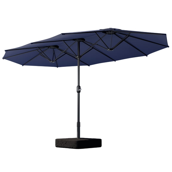 15ft Large Patio Umbrella with Base, Outdoor Double-Sided Rectangle Market Table Umbrella with Push Button Tilt and Crank Handle, Outside Umbrellas with Steel Ribs, Blue