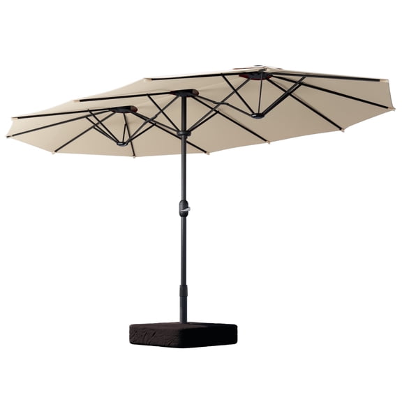 15ft Large Patio Umbrella with Base, Outdoor Double-Sided Rectangle Market Table Umbrella with Push Button Tilt and Crank Handle, Outside Umbrellas with Steel Ribs, Brown