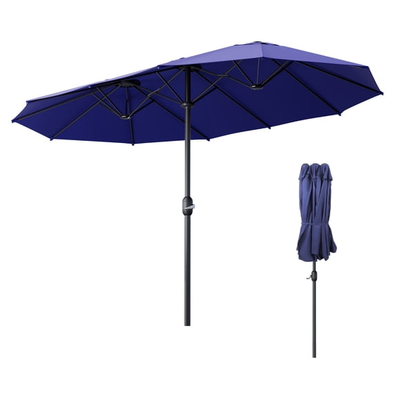 15ft Large Patio Umbrella with Blue Polyester Fabric, Outdoor Double-Sided Rectangle Market Table Umbrella with Push Button Tilt and Crank Handle, Outside Umbrellas with Steel Ribs