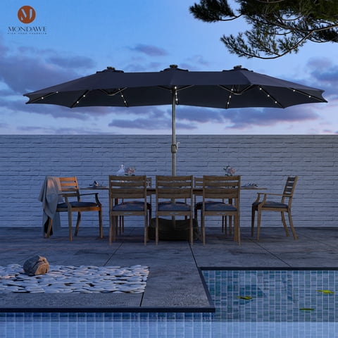 15ft Large Patio Umbrella with Solar Lights, Double-Sided Outdoor Market Rectangle Beach Umbrellas with 36 LED Lights, Umbrella Base (Stand) Included