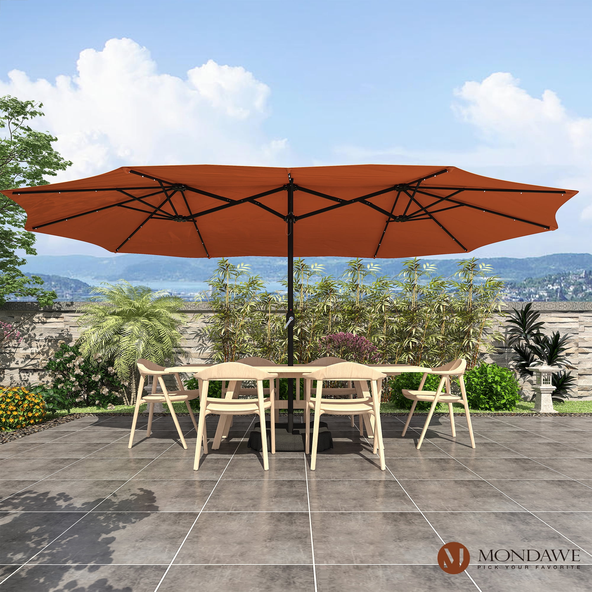 15ft Large Patio Umbrella with Solar Lights, DoubleSided Outdoor