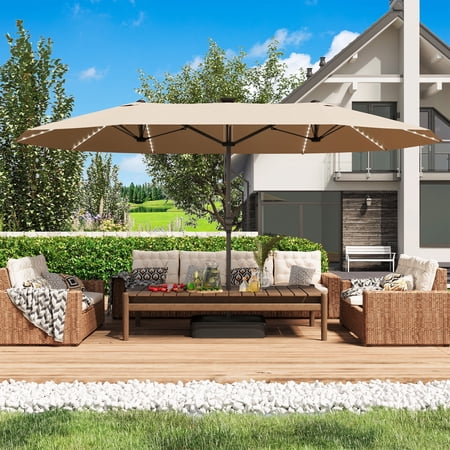 15ft Large Patio Umbrella with Solar Lights, Outdoor Double-Side Rectangular Umbrella with Base Included, Beige