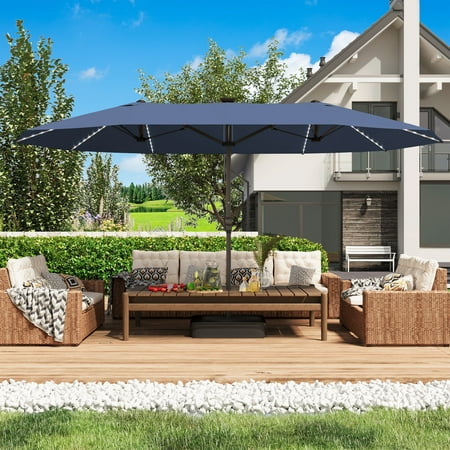 15ft Large Patio Umbrella with Solar Lights, Outdoor Double-Side Rectangular Umbrella with Base Included, Navy Blue