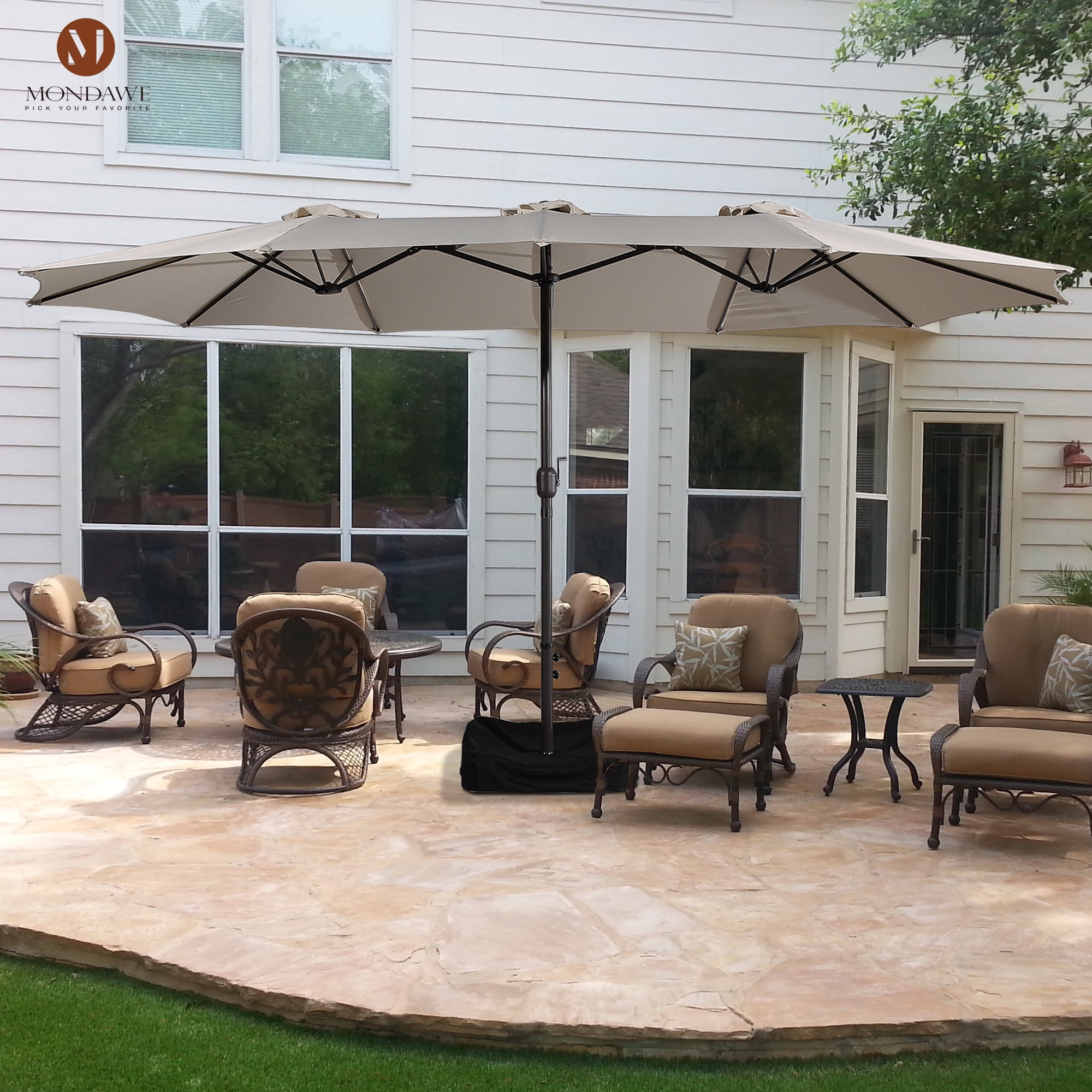 15ft Large Patio, Deck, Backyard Umbrella with Base and Crank Handle, Outdoor Double-Sided Use ...