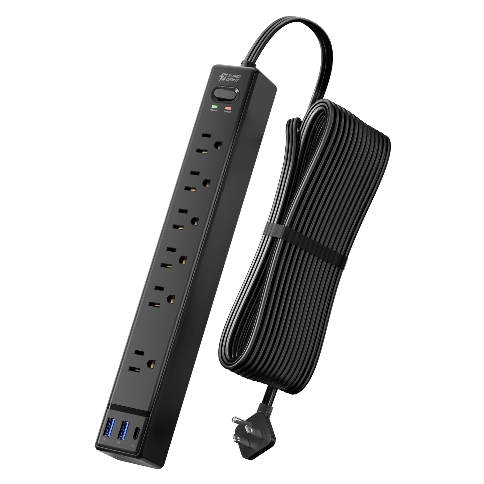 15ft Long Extension Cord  Flat Plug Surge Protector Power Strip 6 Outlets & 3 Usb Ports Desk Charging Station For Home Office College Dorm Room